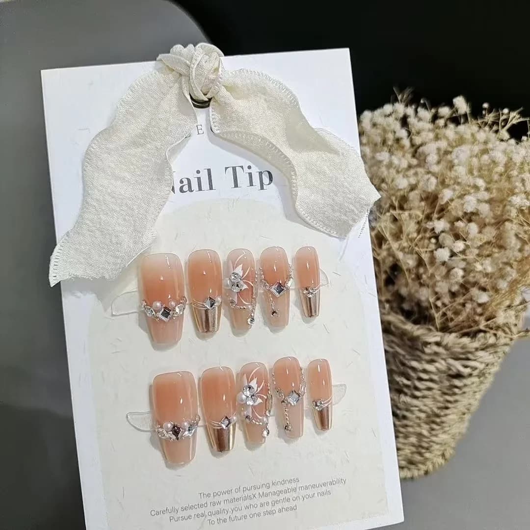 Umjetne nokte Sunset Garden, cvjetni krom dizajn, 10 komada