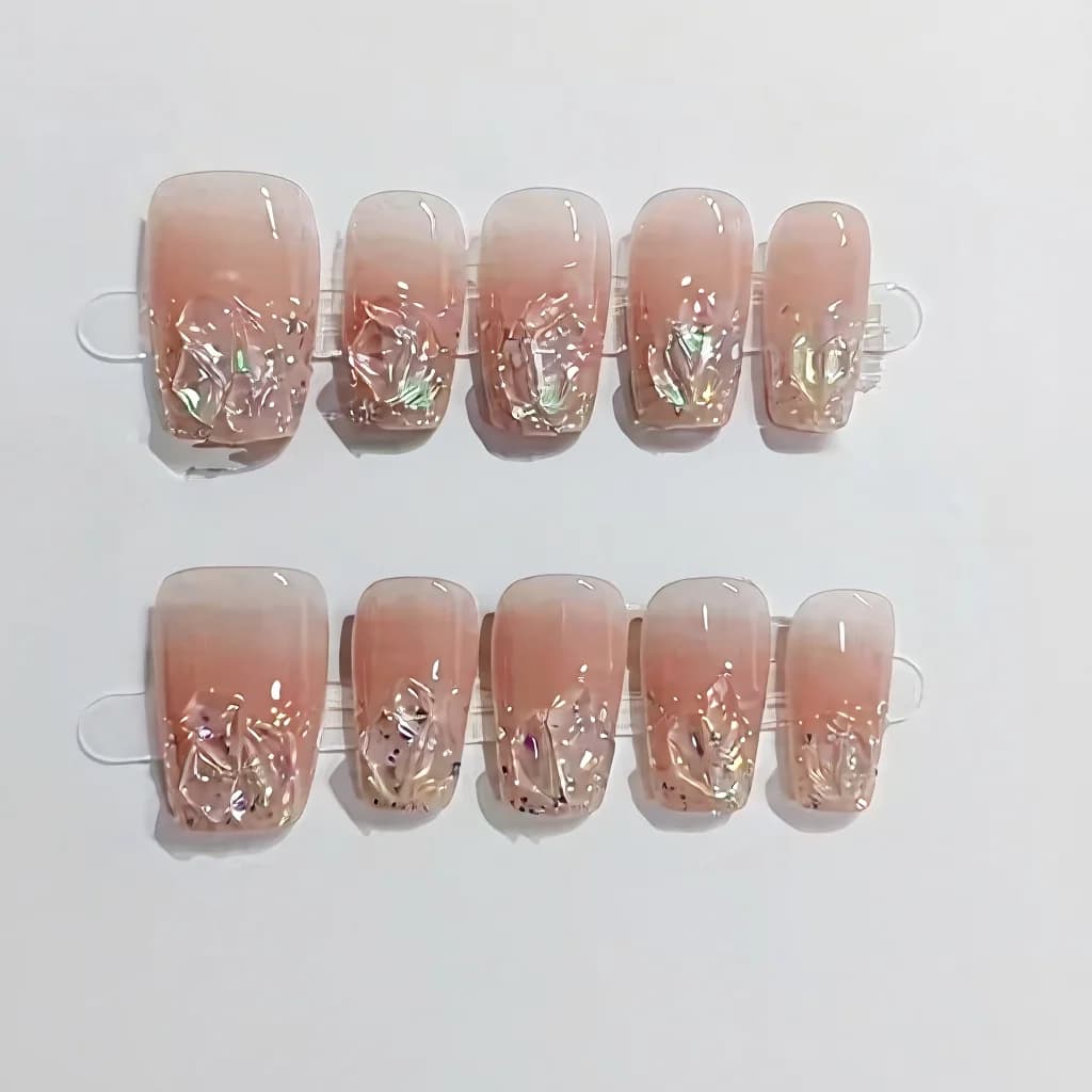 Press-on nokte, kratki/srednji coffin oblik, glitter, kristali, ružičasti set